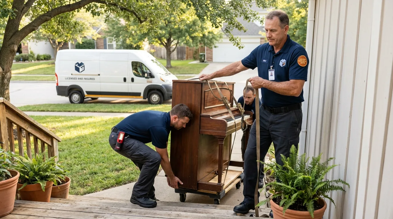 Licensed piano movers securing grand piano in Logansport, IN