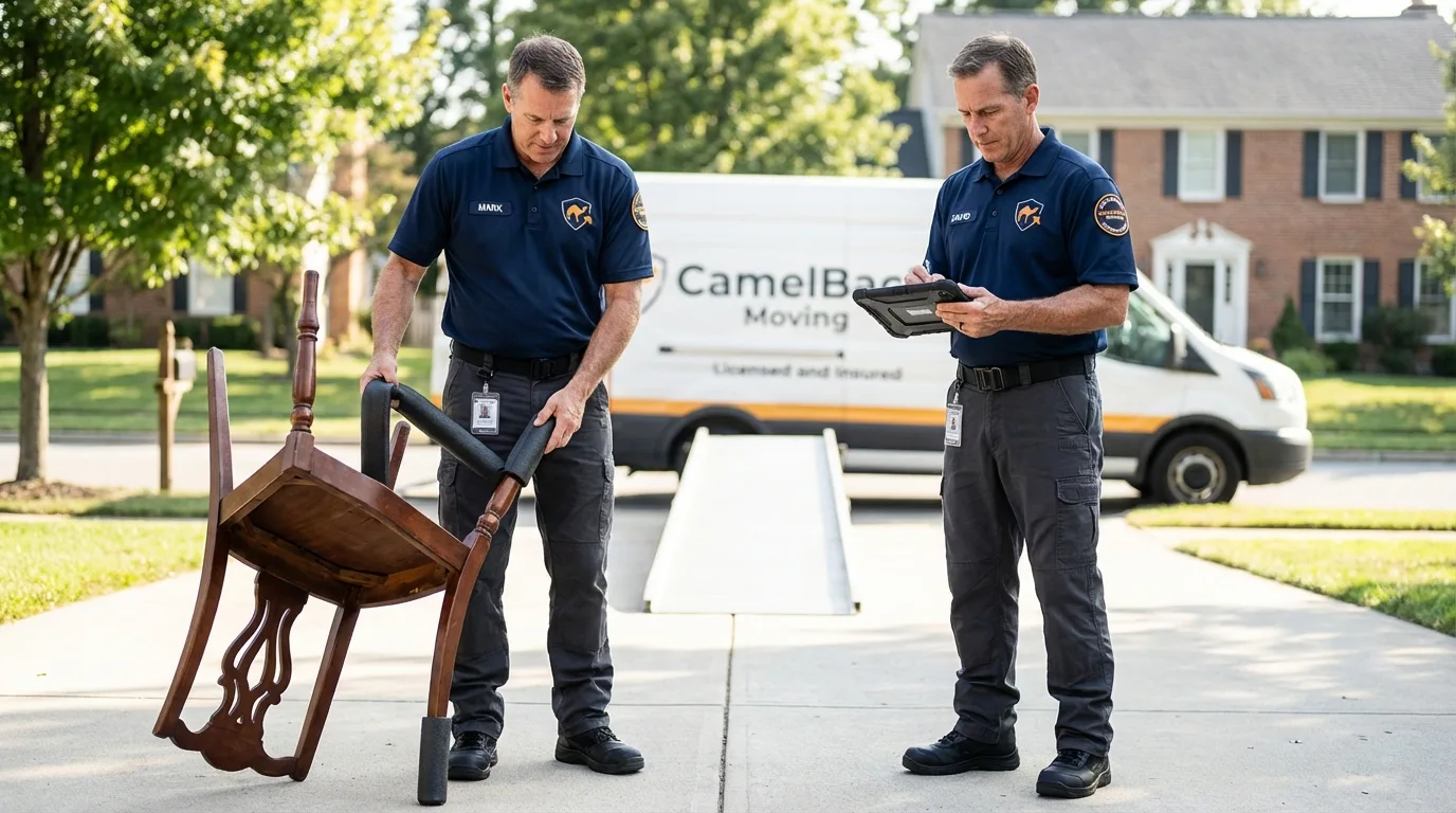 Movers inspecting furniture for damage prevention before loading in Logansport, IN
