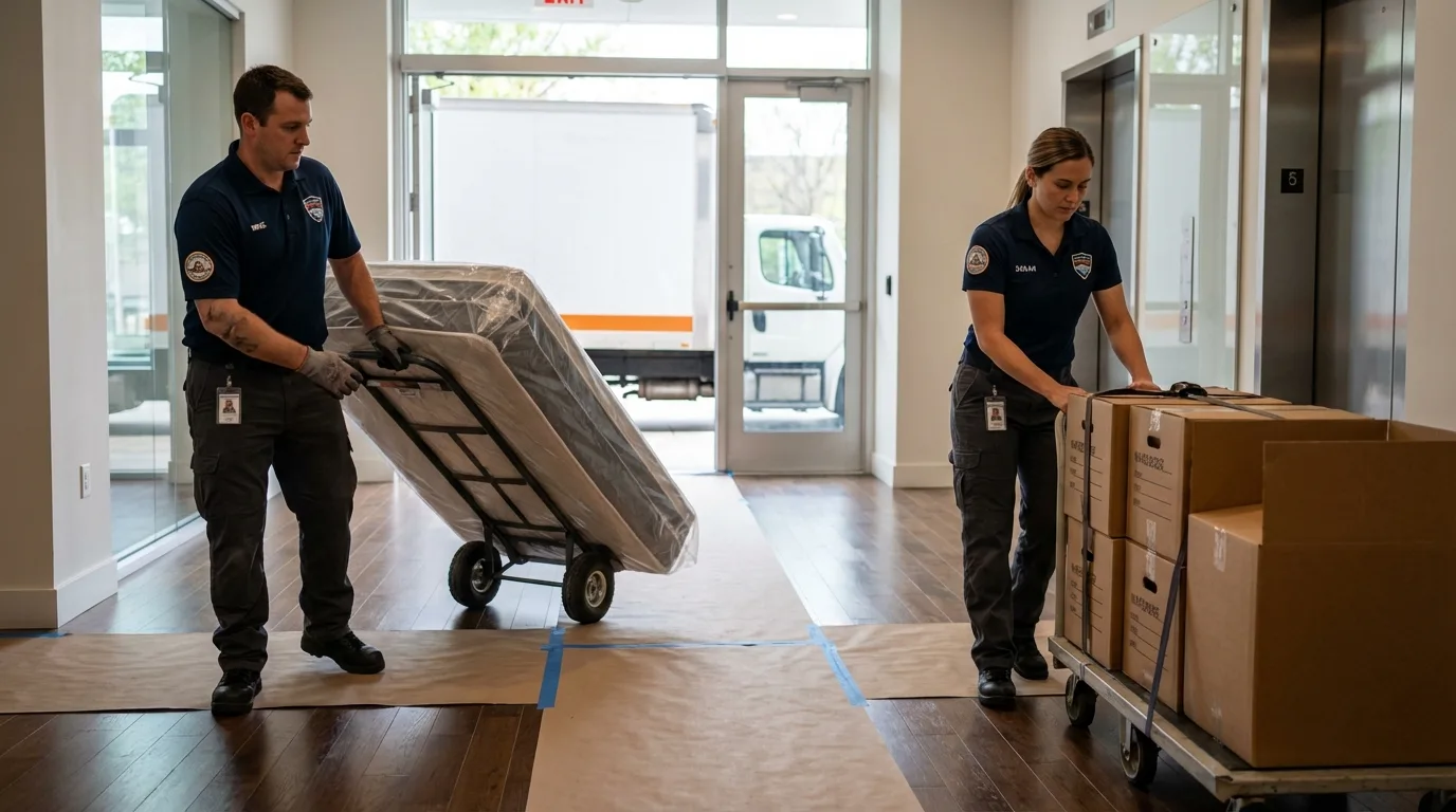 Professional apartment movers loading elevator in Logansport, IN